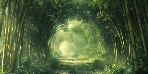 An enchanted bamboo forest path, where tall bamboo stalks form a natural archway, creating a serene and mystical atmosphere