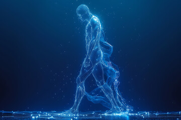  3D wireframe silhouette logo showcasing human muscles, set against a dark blue background, symbolizing strength, power, and anatomical precision