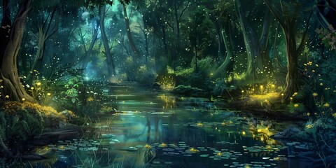 An enchanted forest where ponds and streams glow softly, their waters casting magical reflections and illuminating the dense forest