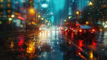 Fototapeta premium A city street illuminated by streetlights reflecting on rain-slicked pavement, depicting the urban rainy season.