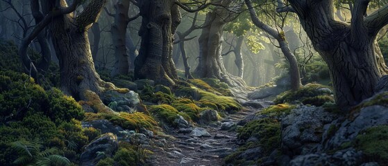A forest trail winding through rocky terrain, surrounded by ancient trees and bathed in the soft light of dusk, creating a mystical scene