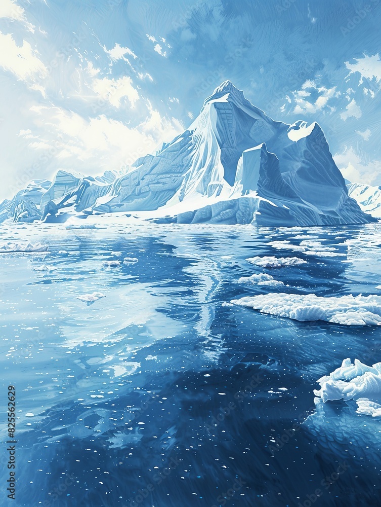 Poster A large iceberg drifts in the open ocean, showcasing its immense size and unique texture against the water. Generative AI