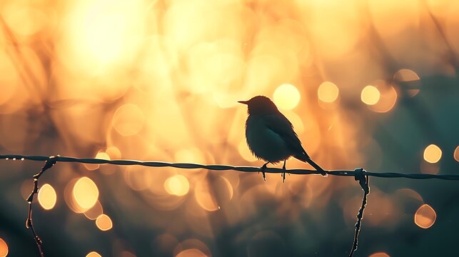 A lonely bird is sitting on a wire against the backdrop of the setting sun.