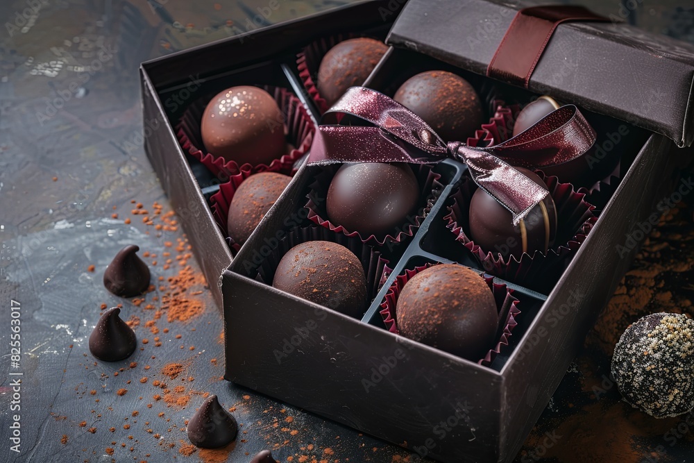 Poster elegant box filled with chocolate truffles, adorned with ribbons, placed on a table. generative ai