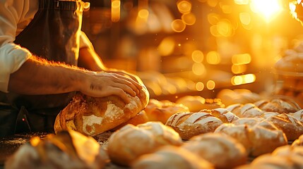 Baker kneading dough in bakery