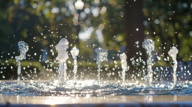 Shimmering water fountains spray and ripple resembling the bursts and emissions of particles depicted in diagrams.