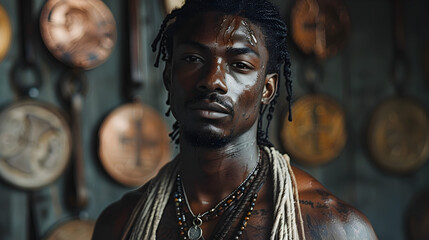 Close-up Portrait of a Black Man with a Dark Background and Multiple Circular Objects