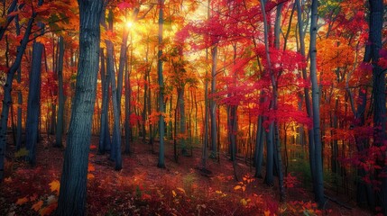A colorful forest with leaves turning shades of red and gold, capturing the beauty of the autumn season.