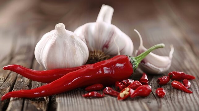 Red chili peppers and garlic on a wooden surface