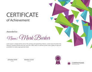 Multi Colour Certificate of achievement template set with badge and border. Vector Illustration
