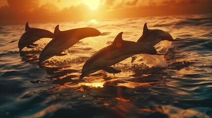 Fototapeta premium Four dolphins jumping out of water at sunset.