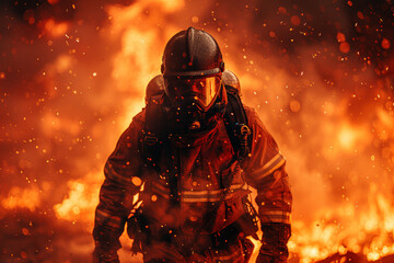 Naklejka premium A seasoned firefighter battling raging flames with calm determination, providing stability amidst chaos and danger. Concept of firefighting resilience. Generative Ai.