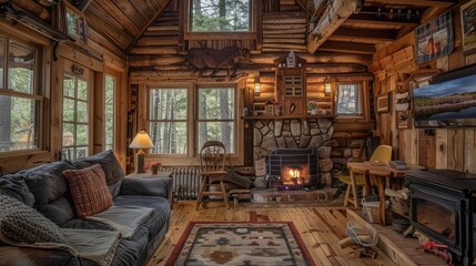 A cozy cabin nestled in the woods with a crackling fireplace and rustic decor, offering a peaceful retreat in nature.