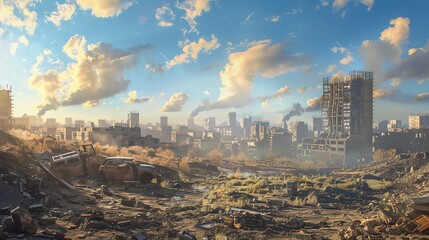 Obraz premium UV Barrier in a PostApocalyptic City A postapocalyptic city where UV barriers protect the last survivors from the harsh and unforgiving sun