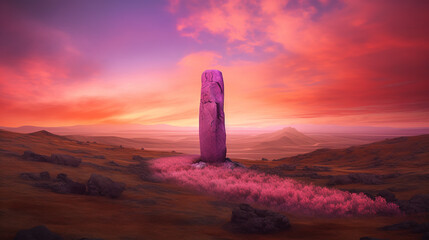 Large dream-like photo-realistic landscape with a large stone pillar full of nature, the sky has a large pink streak, the pillar standing tall amidst rolling hills and a vibrant sunset sky, pink strea