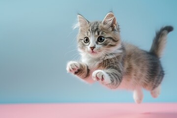 Aegean cat Jumping and remaining in mid-air, studio lighting, isolated on pastel background, stock photographic style