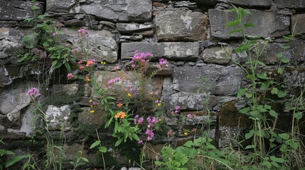 A crumbling old stone wall with wildflowers peeking through the cracks, showcasing the beauty of decay.