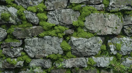 A crumbling stone wall with patches of vibrant green moss, telling tales of bygone eras.