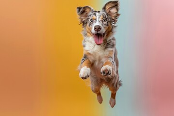 Australian Shepherd dog Jumping and remaining in mid-air, studio lighting, isolated on pastel background, stock photographic style
