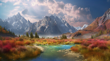 photo-realistic mountain ranges, clear, vivid and bright colors, randomized cloud formations,...