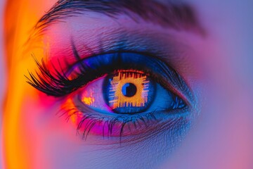 Intricately detailed cybernetic eye concept with golden circuits and cityscape reflections, embodying future vision