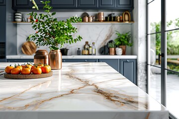 Close-up Marble granite kitchen counter island for product display on modern bright and clean kitchen space.