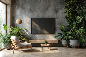 Cabinet TV in modern living room with armchair,lamp,table,flower.