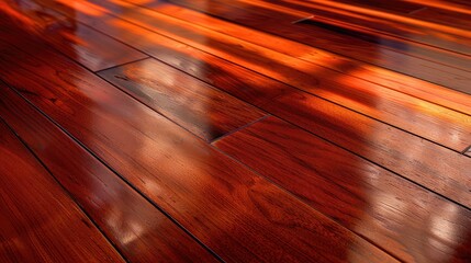 A hardwood floor with rich mahogany tones, creating a warm and inviting atmosphere in a home.