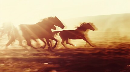 Wild horses running free in the open field at sunset