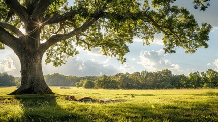 A large tree providing shade in a sunny field, with a picnic blanket laid out beneath it.