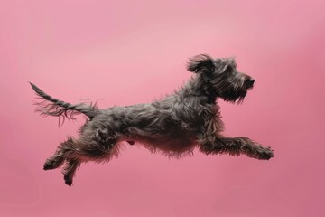 Irish Wolfhound dog Jumping and remaining in mid-air, studio lighting, isolated on pastel background, stock photographic style