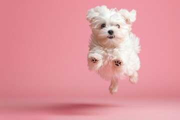 Maltese dog Jumping and remaining in mid-air, studio lighting, isolated on pastel background, stock photographic style