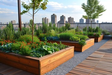 Contemporary urban rooftop garden with raised beds and modern landscaping.