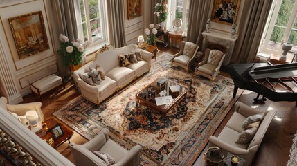 Traditional Living Room With Classic Furniture, Ornate Rugs, And A Grand Piano, Room Background Photos