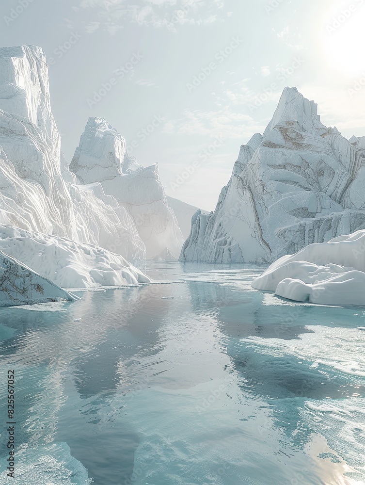 Poster snowy mountains encircle a body of water, creating a stunning wintry scene. generative ai