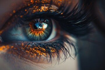 Close up of an eye with fiery orange reflections, capturing the essence of a sunset cityscape in a glance