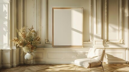 empty canvas frame in luxurious sunlit living room with intricate details 3d rendering