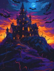 Cartoon Halloween illustration with spooky house with bats in moonlight. Trick or treat background, poster, greeting card