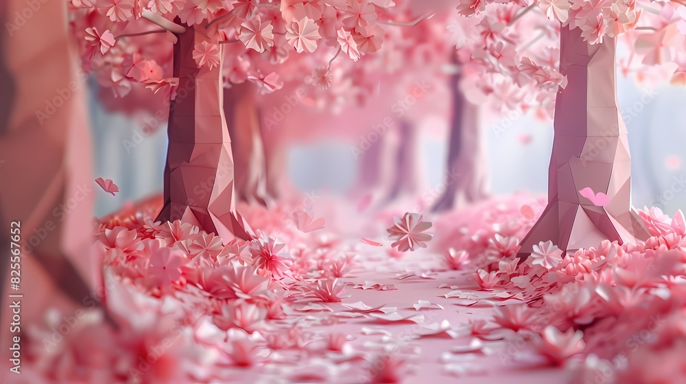 Wall mural Origami cherry blossom trees lining a serene pathway, their delicate pink flowers fluttering in the gentle breeze - Wall murals