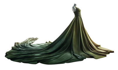 Luxurious long green dress on a mannequin. Elegant silk evening gown in motion. Isolated on transparent background.
