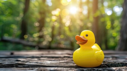 Rubber yellow duck on wooden surface against a nature backdrop
