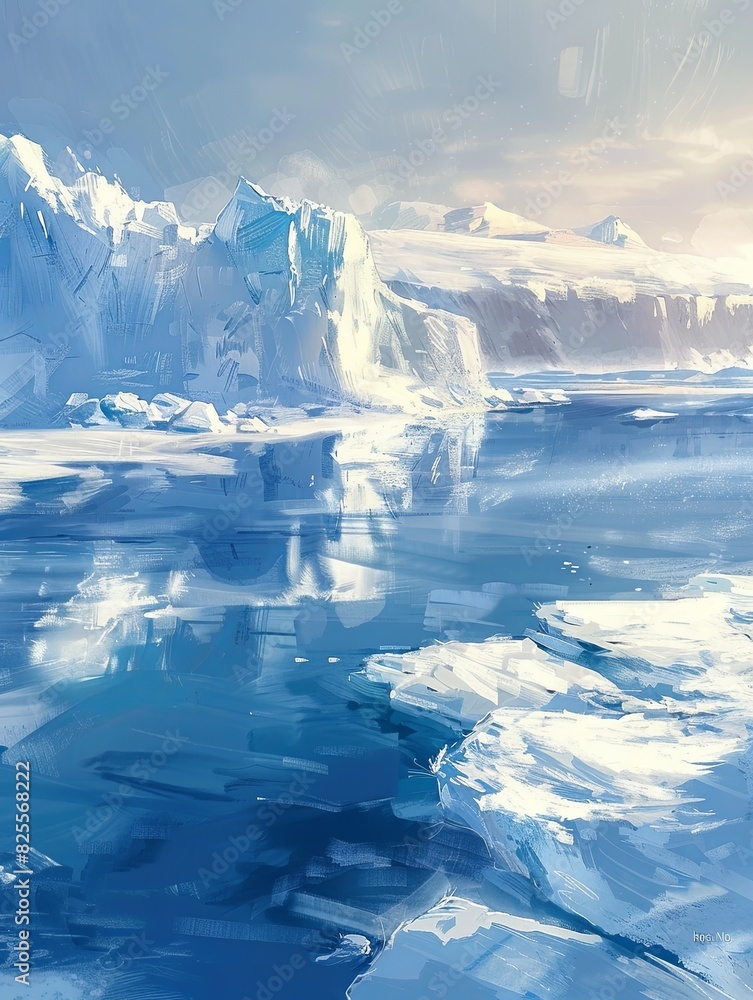 Aufkleber Painting depicting icebergs with various shapes and sizes floating in cold Arctic waters. Generative AI
