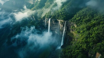majestic waterfall cascading from lofty mountain peak breathtaking aerial landscape photography