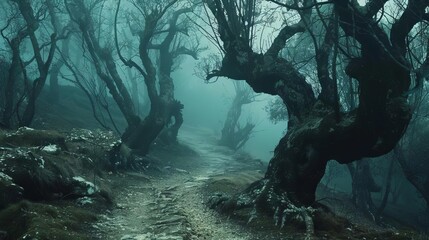 mystical misty forest with gnarled trees and winding path atmospheric halloween background