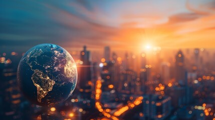 World Environment Day concept with a blue earth globe on a city background at sunset. International Project Management Day concept. Global business collaboration. International business. Globalization