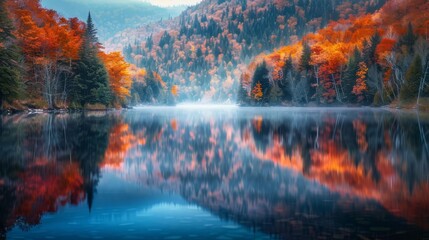 serene autumn lake reflecting vibrant fall foliage tranquil landscape photography