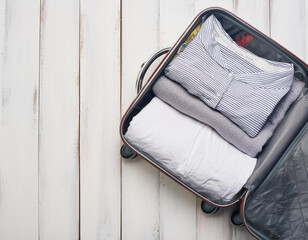 Offener Koffer mit Klamotten f&uuml;r den Urlaub von oben mit Platz f&uuml;r Text