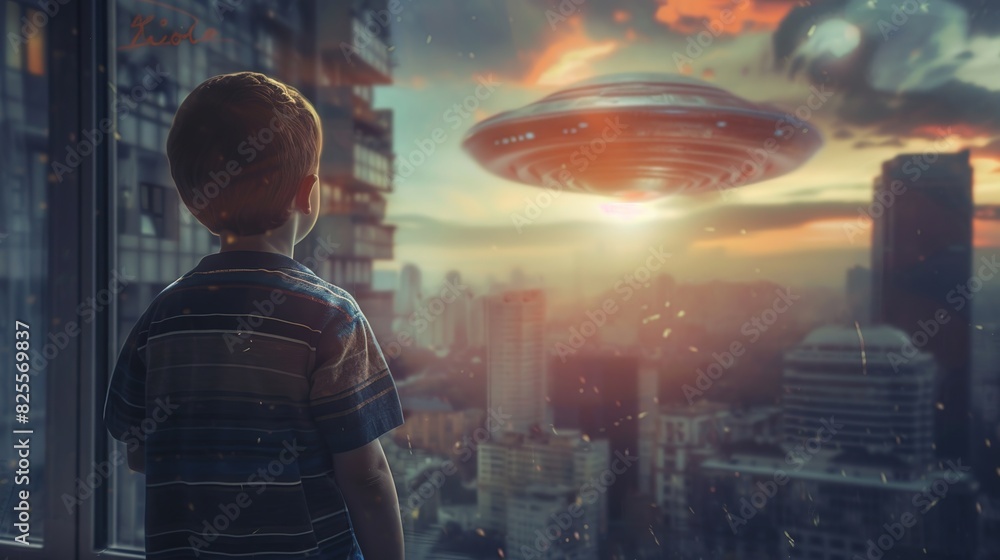 Wall mural Back view of little boy looking at alien invasion, UFO flying in the sky above city, concept of evidence and sighting