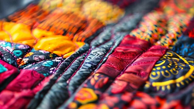 Close-up of colorful quilt with abstract patterns and textures