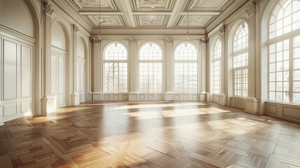 Obraz premium An empty banquet hall with vintage-style wooden floors, light-colored walls, and large windows illuminating the room. Generative AI